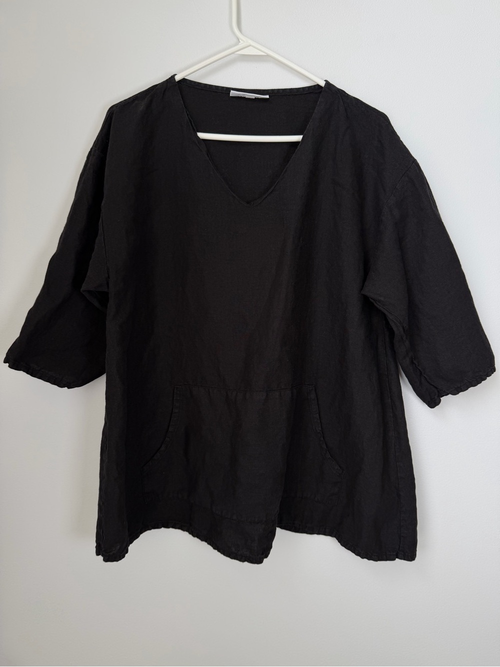 Bryn Walker Linen Tunic Black V-Neck Pocket 3/4 Sleeve Judy Kangaroo Pocket XS